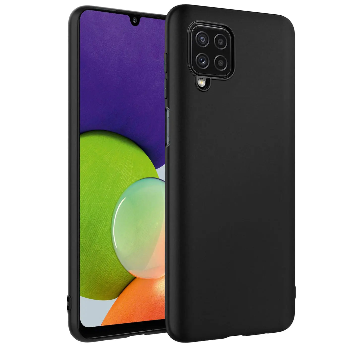 Schwarze Slim Silikonhülle auf Samsung Galaxy A22 4G/M32/M22, Rückansicht.