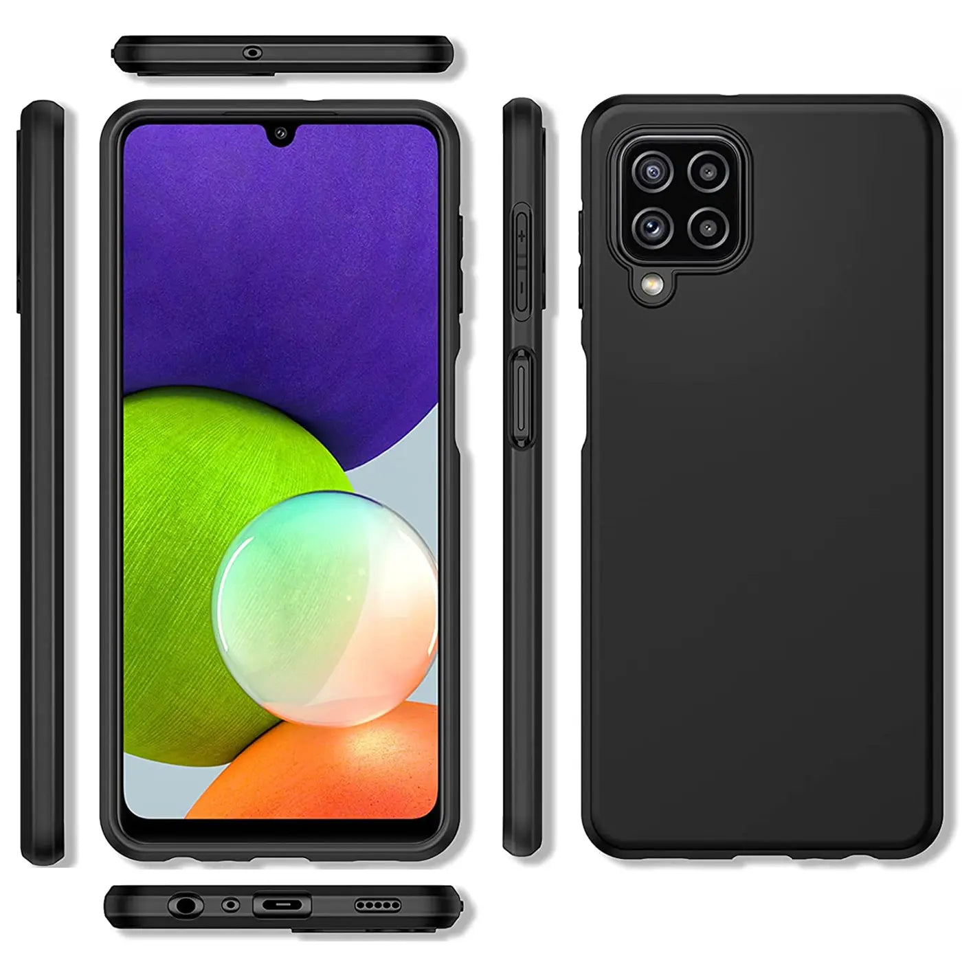 Schwarze Silikonhülle, matt, verschiedene Ansichten, zeigt Samsung Galaxy A22 4G/M32/M22