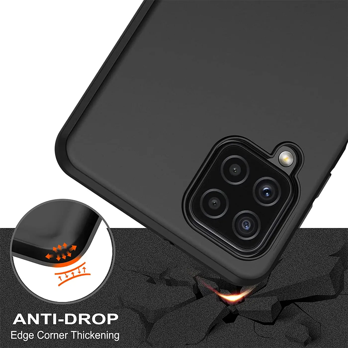 Schwarze Slim Silikonhülle auf Samsung Galaxy A22 4G/M32/M22, Rückansicht.