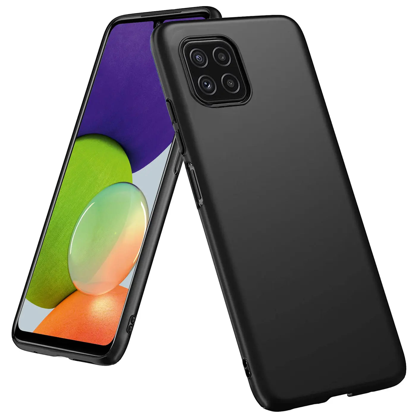 Schwarze Silikonhülle auf einem Samsung Galaxy A22 5G, Seitenansicht.