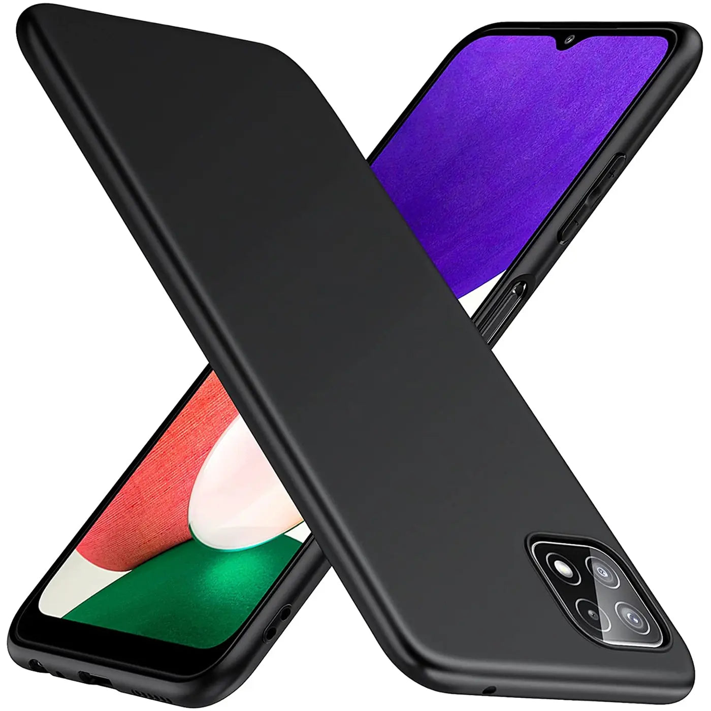 Schwarze Silikonhülle für Samsung Galaxy A22 5G, schräg von vorne, matt.