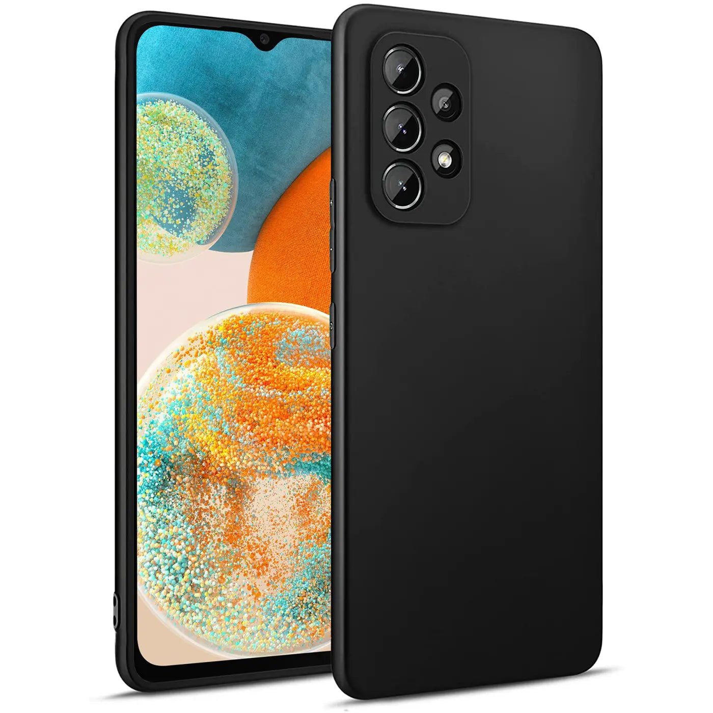 Schwarze, matte Silikonhülle für Samsung Galaxy A23 5G, von vorne links gezeigt.