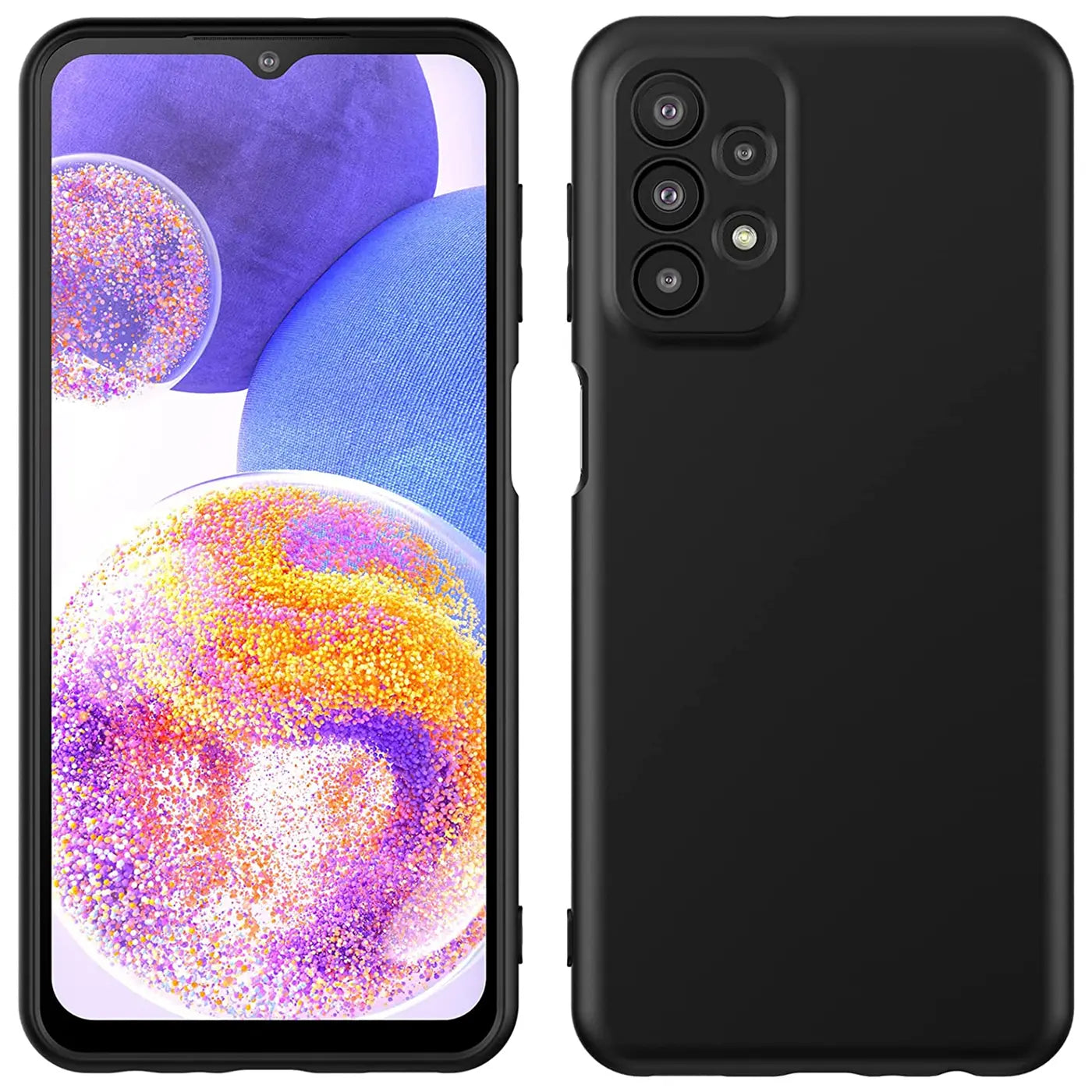 Schwarze Silikonhülle für Samsung Galaxy A23 5G, Rückseite und Vorderseite gezeigt.
