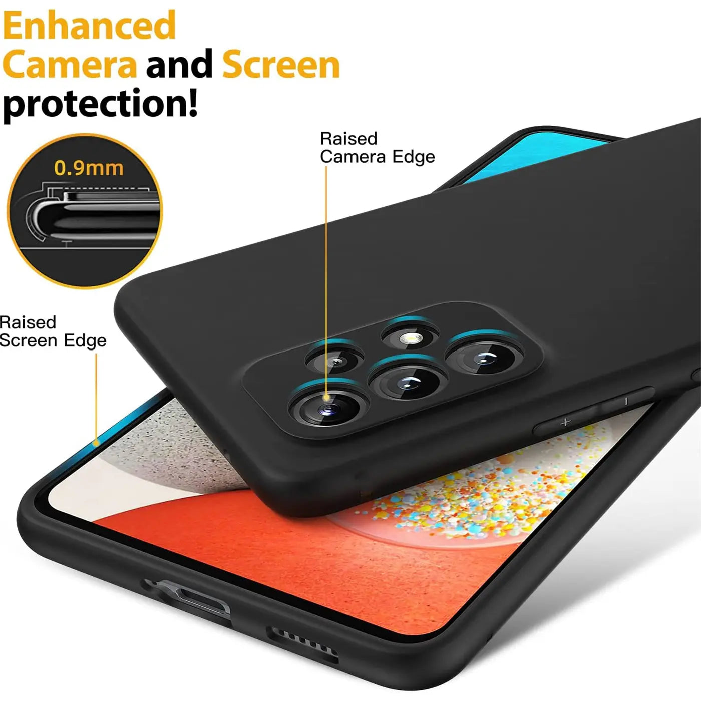 Schwarze Silikonhülle für Samsung Galaxy A23 5G, von oben/seitlich, mit erhöhten Kanten.