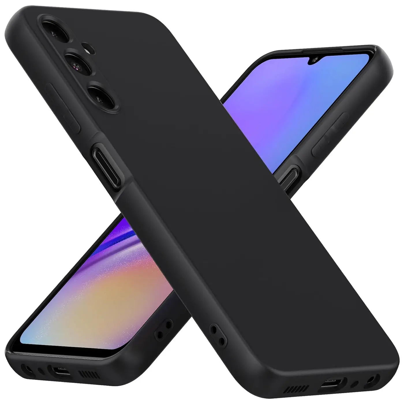 Schwarze Silikonhülle für Samsung Galaxy A25 5G, matt, von schräg oben