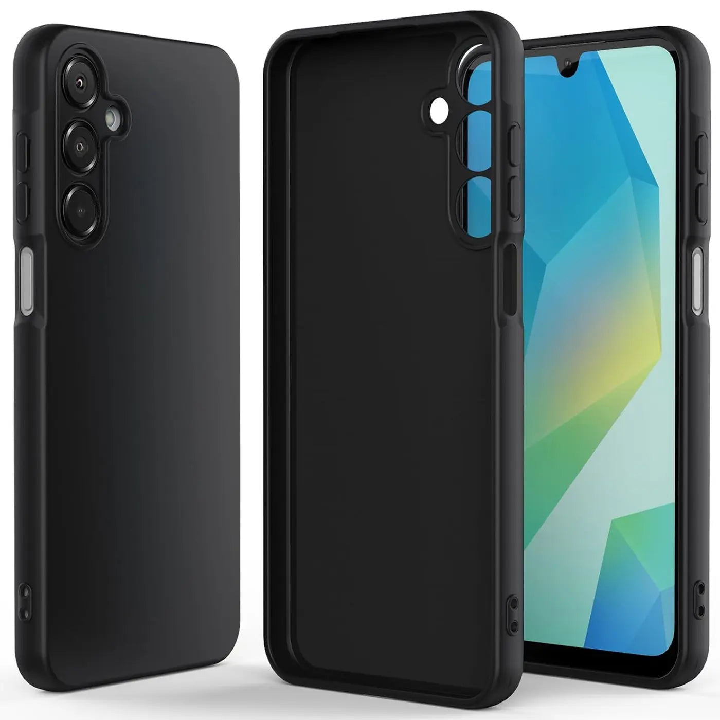 Schwarze Silikonhülle, matt, von vorne und von der Seite, mit Samsung Galaxy A26 5G
