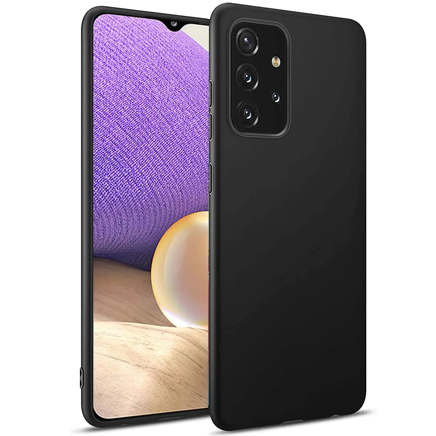 Schwarze Silikonhülle für Samsung Galaxy A32 5G, von vorne/seitlich gezeigt.