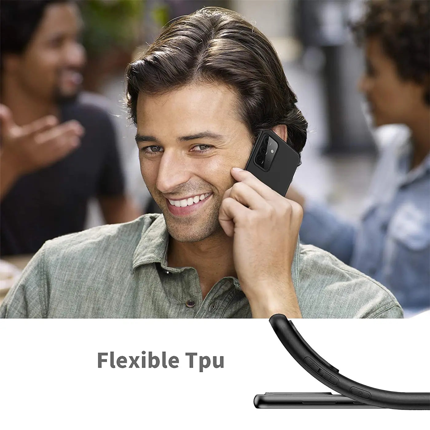 Schwarze Silikonhülle an Samsung Galaxy A32 5G, Seitenansicht.
