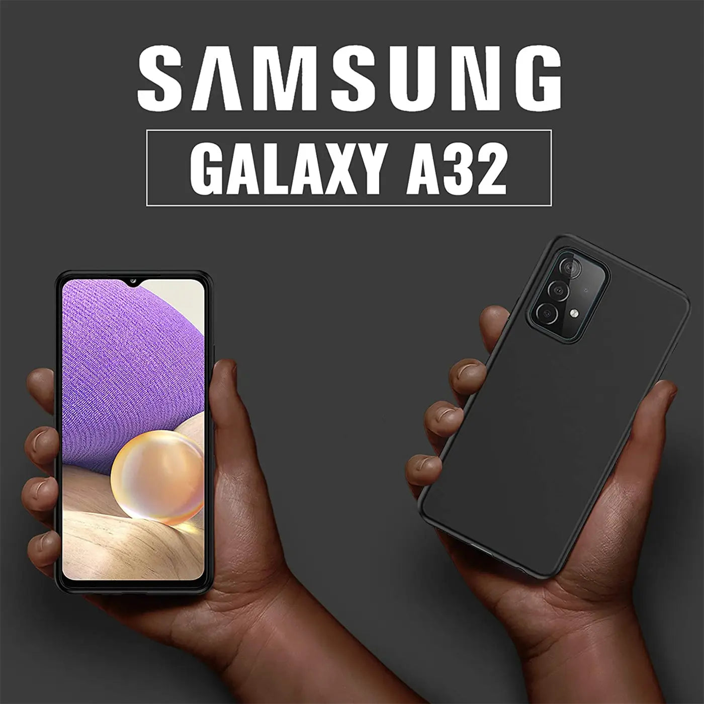 Schwarze Silikonhülle für Samsung Galaxy A32 5G, von hinten gezeigt, in Hand gehalten.