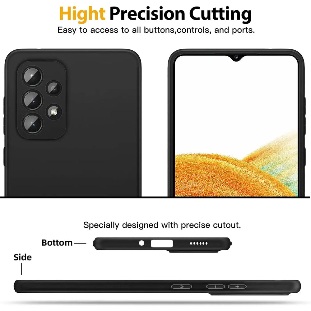 Schwarze Silikonhülle für Samsung Galaxy A33 5G, Rückseite, Vorderseite, Unterseite, Seitenansicht.
