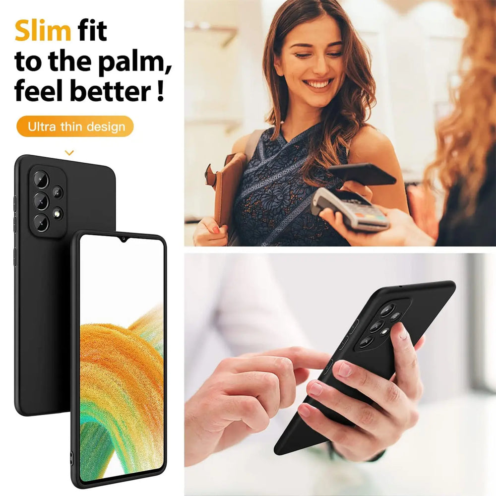 Schwarze Silikonhülle für Samsung Galaxy A33 5G, matt, von vorne und hinten gezeigt.