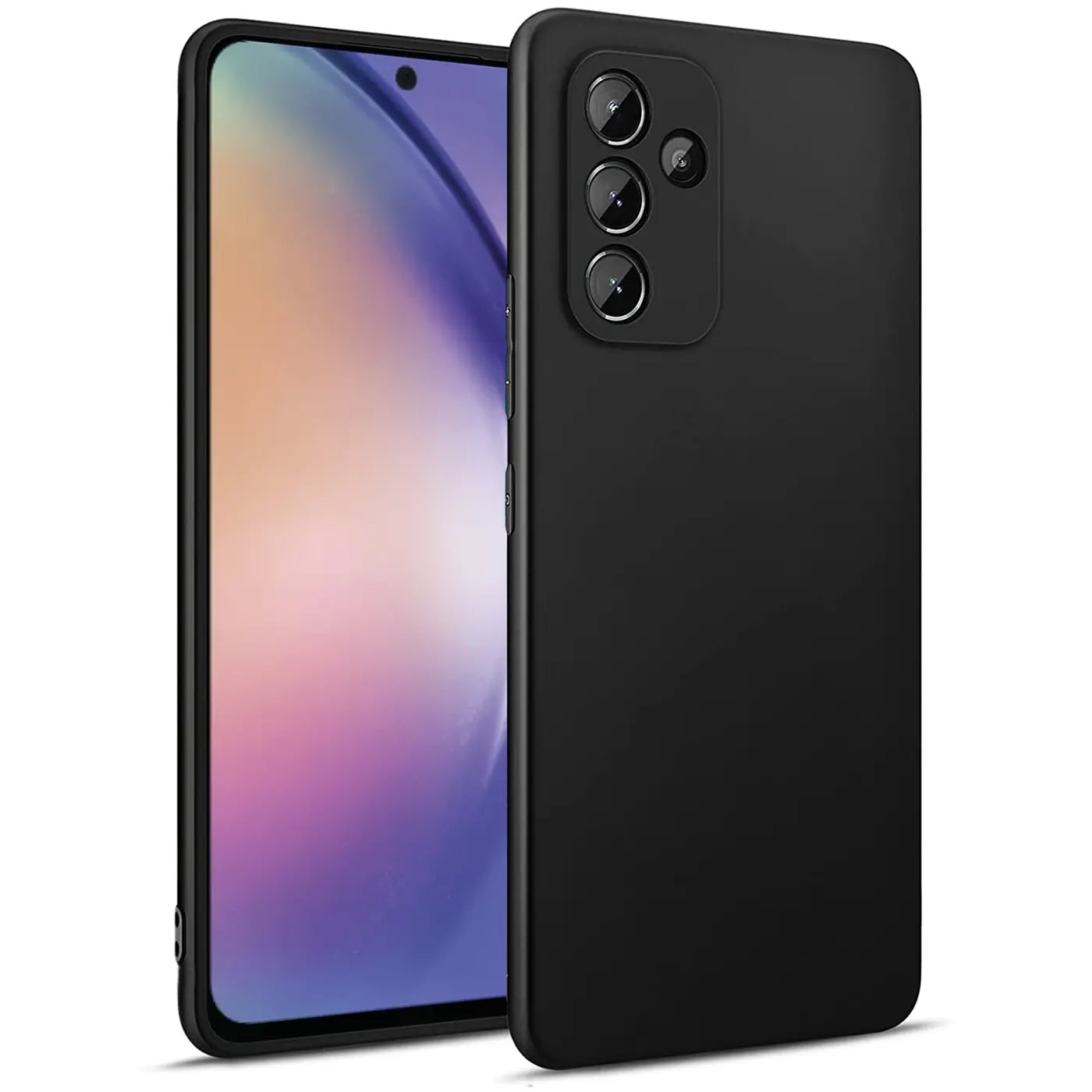 Schwarze Silikonhülle matt, von vorne links, auf Samsung Galaxy A34 5G