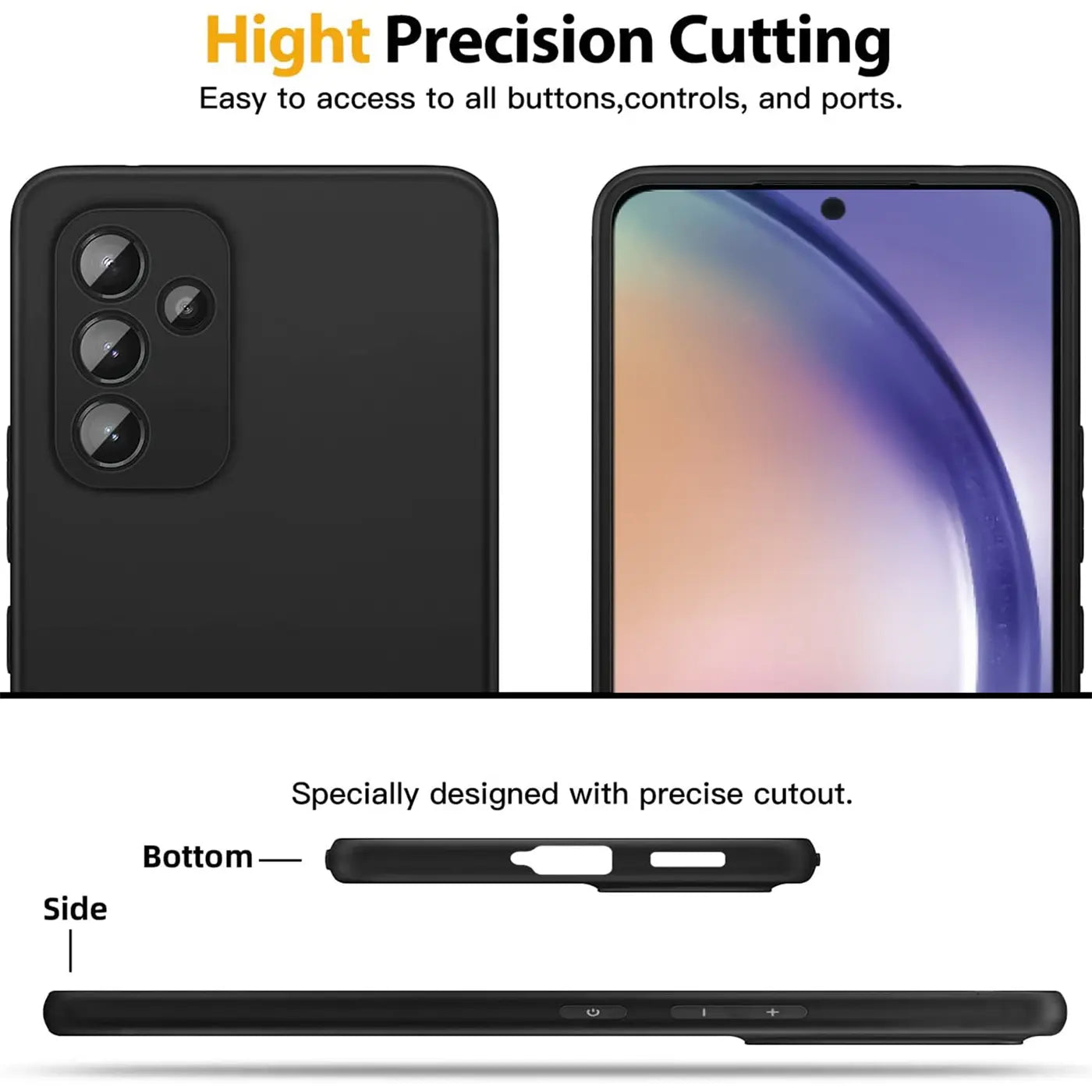 Schwarze Silikonhülle, Rückseite und Vorderseite eines Samsung Galaxy A34 5G, Seitenansicht.