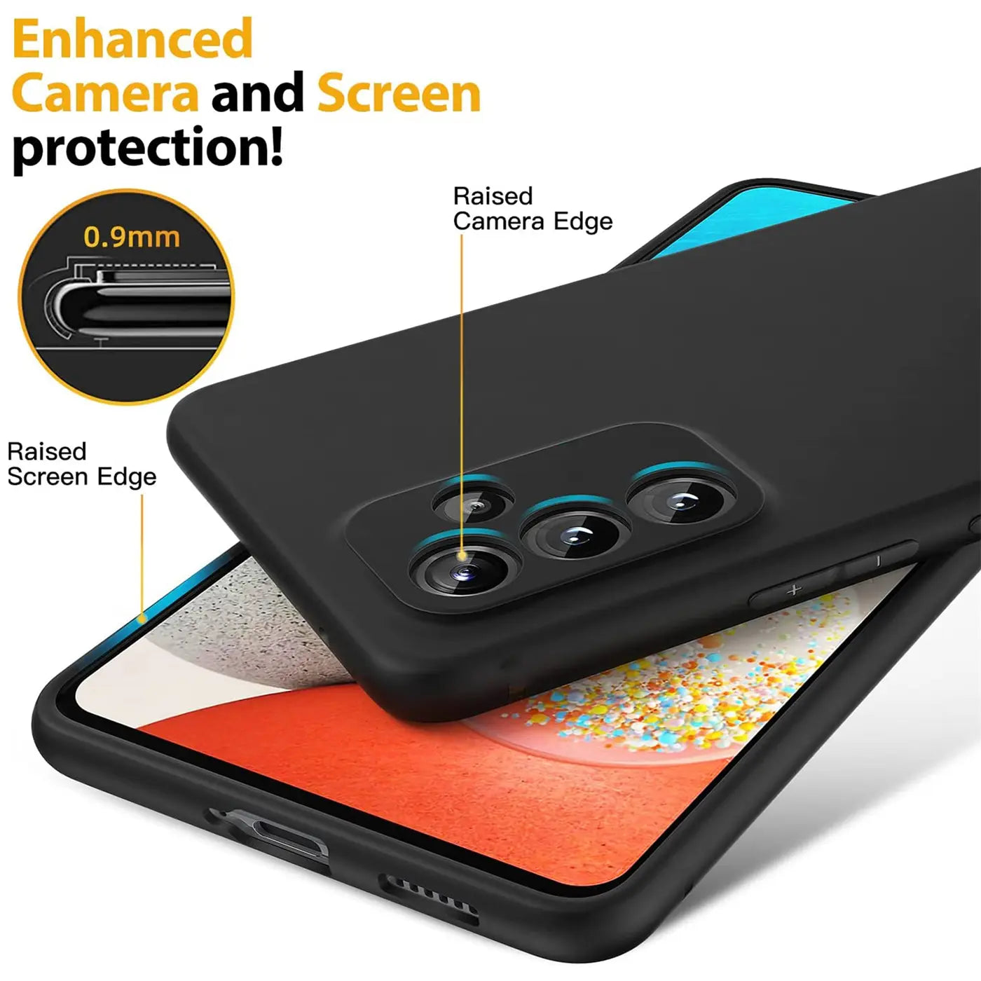 Schwarze Silikonhülle auf Samsung Galaxy A34 5G, Nahaufnahme, erhöhte Kanten.