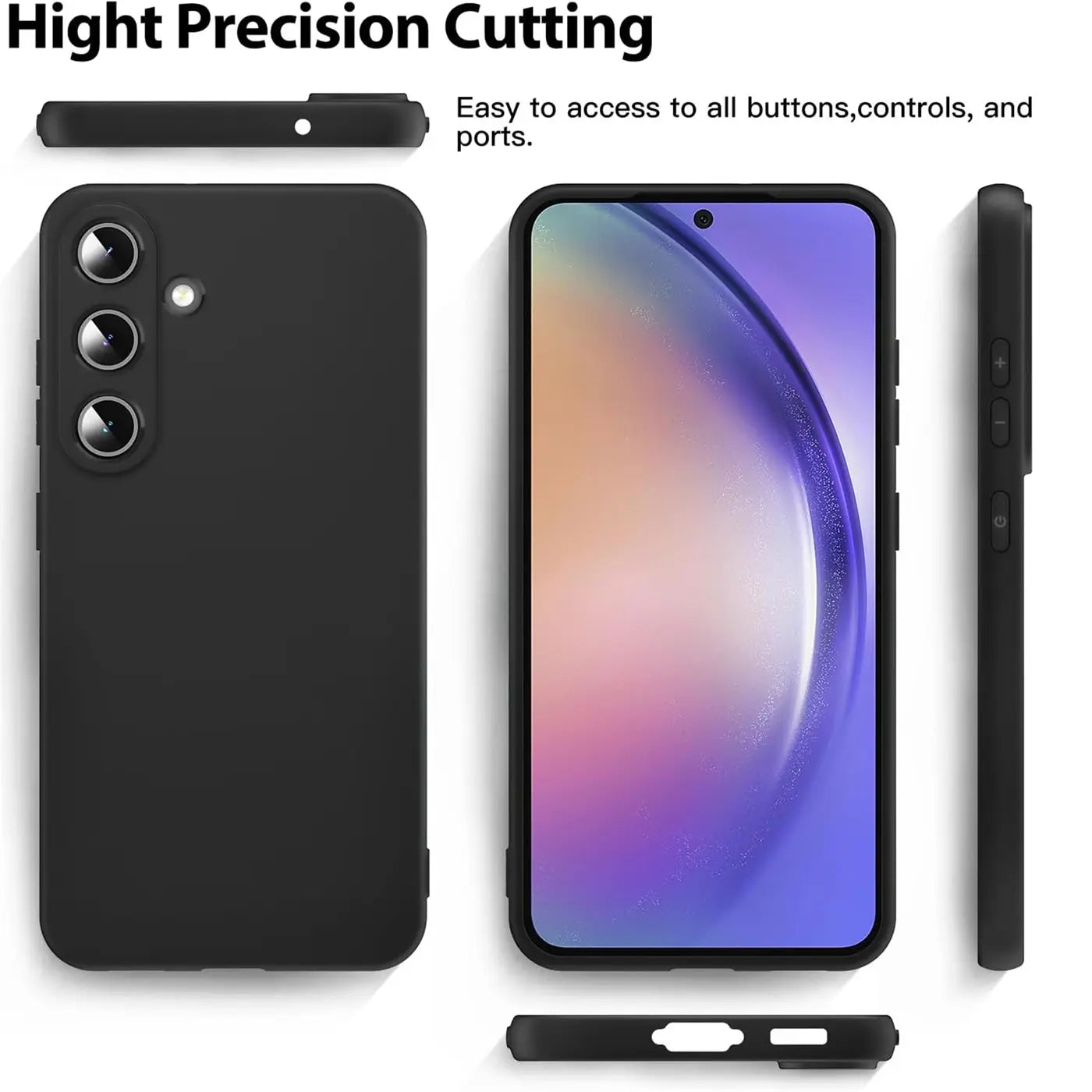 Schwarze Silikonhülle für Samsung Galaxy A35 5G, Rückseite, Vorderseite, Seitenansicht.