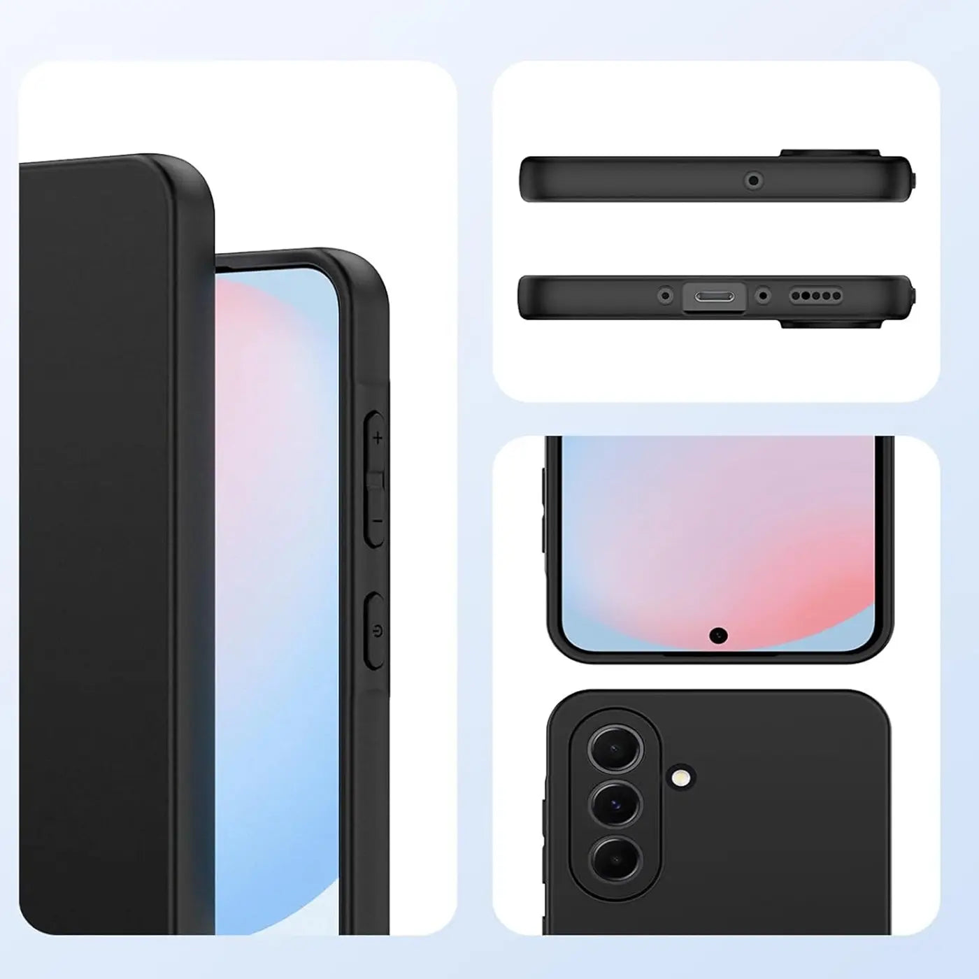 Schwarze Silikonhülle, Seitenansicht und Rückansicht eines Samsung Galaxy A36 5G.