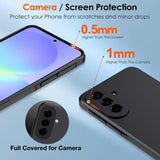Schwarze Silikonhülle, von oben und hinten, zeigt Samsung Galaxy A37 5G mit Kamera- und Bildschirmschutz.