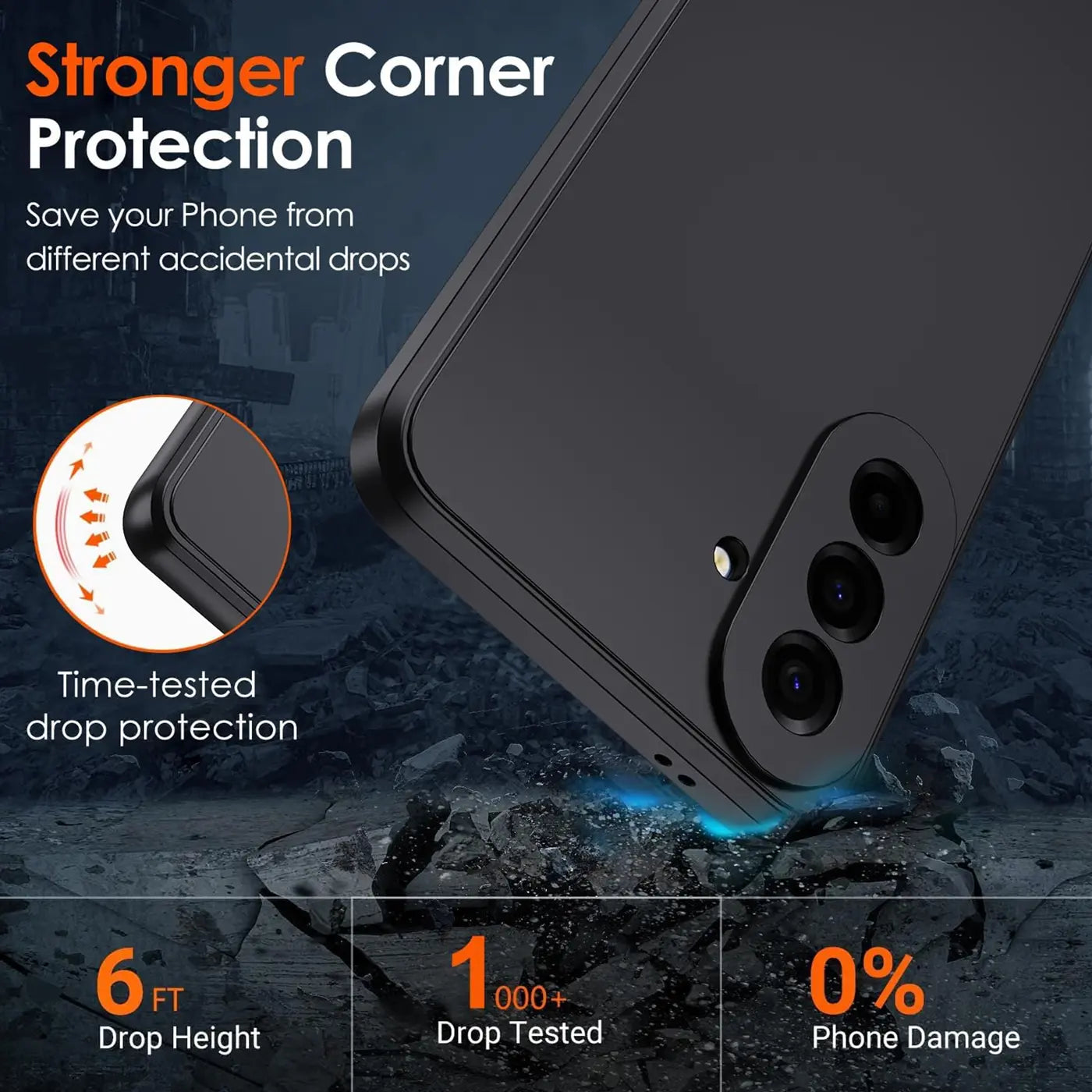 Schwarze Silikonhülle, Nahaufnahme, zeigt Eckenschutz, Samsung Galaxy A37 5G.