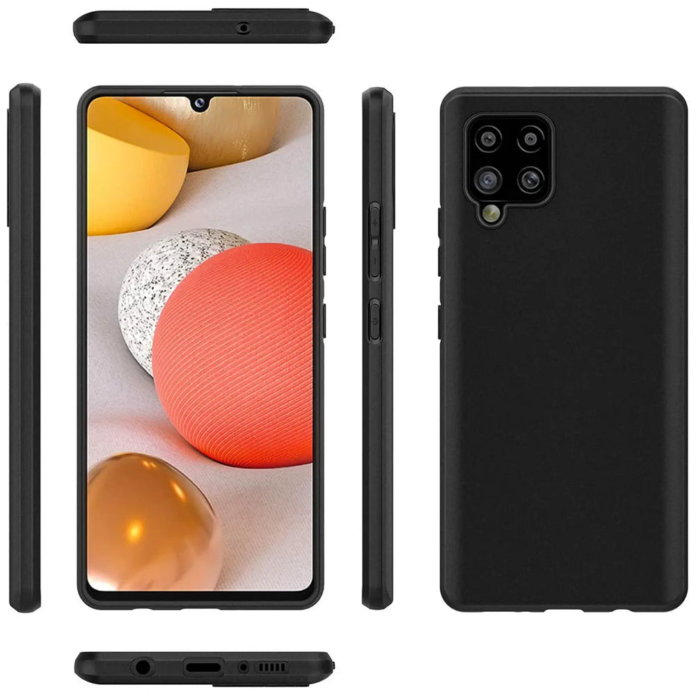 Schwarze Silikonhülle für Samsung Galaxy A42 5G, verschiedene Ansichten.
