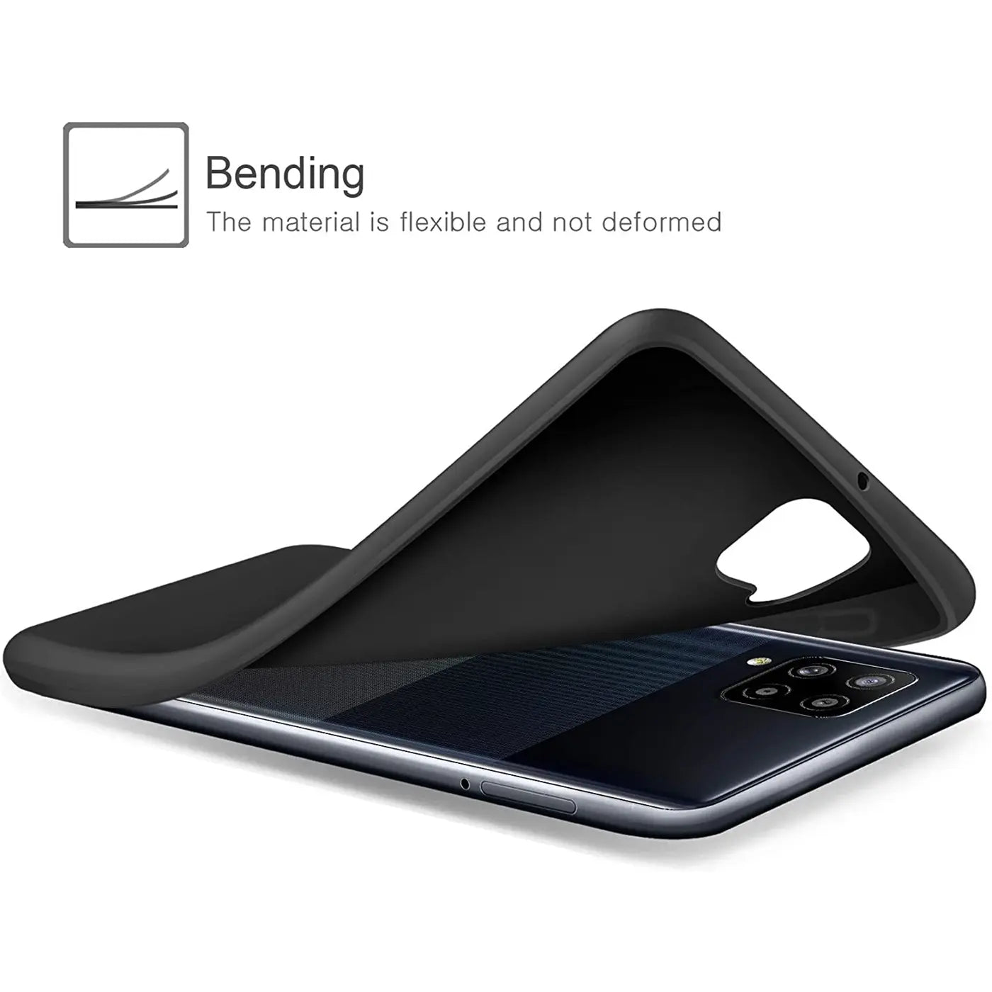 Schwarze Silikonhülle wird auf ein Samsung Galaxy A42 5G gelegt, Seitenansicht.