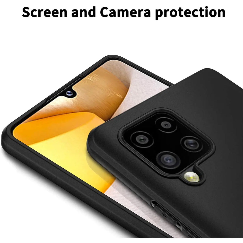 Schwarze Silikonhülle auf Samsung Galaxy A42 5G, Rückansicht, Kamera.