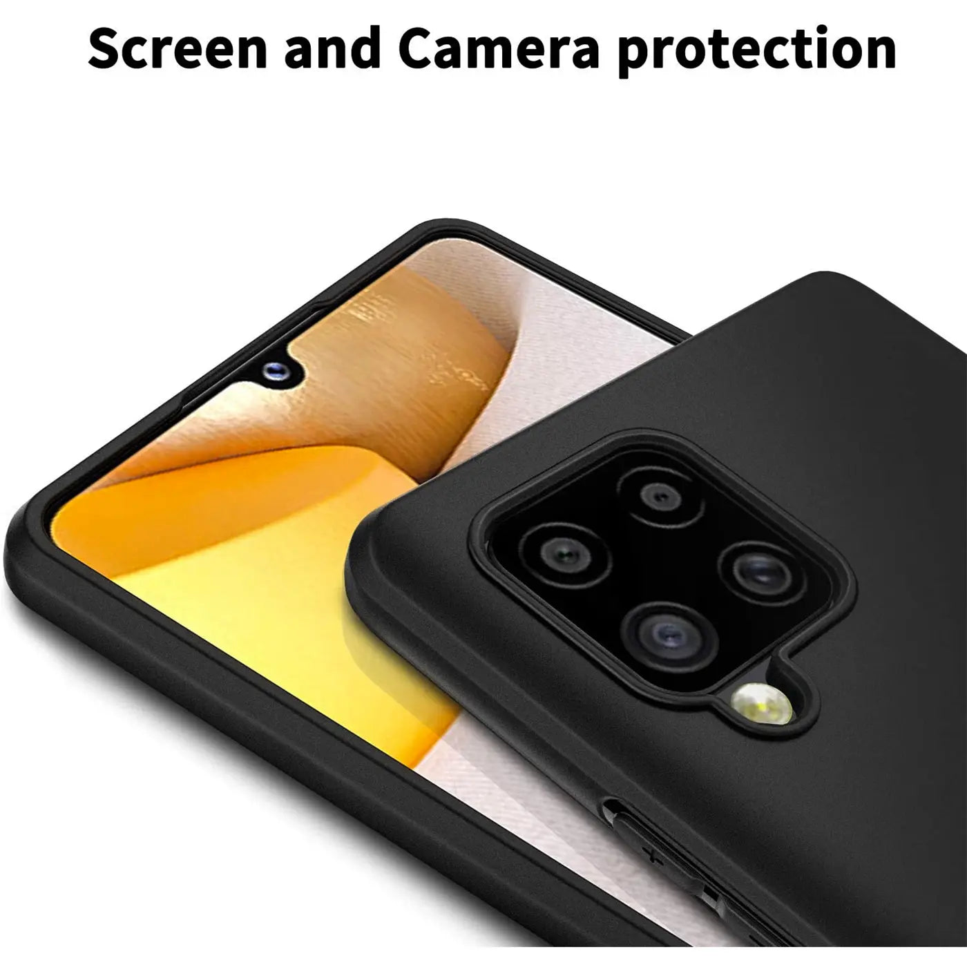 Schwarze Silikonhülle auf Samsung Galaxy A42 5G, Rückansicht, Kamera.