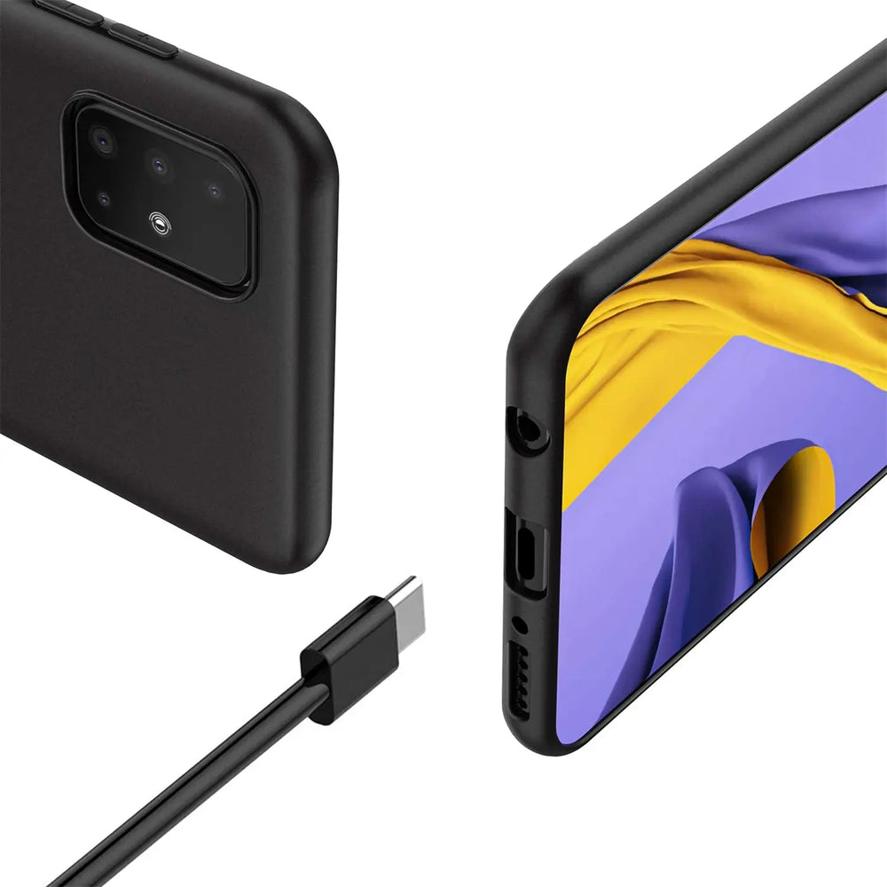 Schwarze Silikonhülle, Vorder- und Rückansicht, Samsung Galaxy A51, USB-C-Kabel