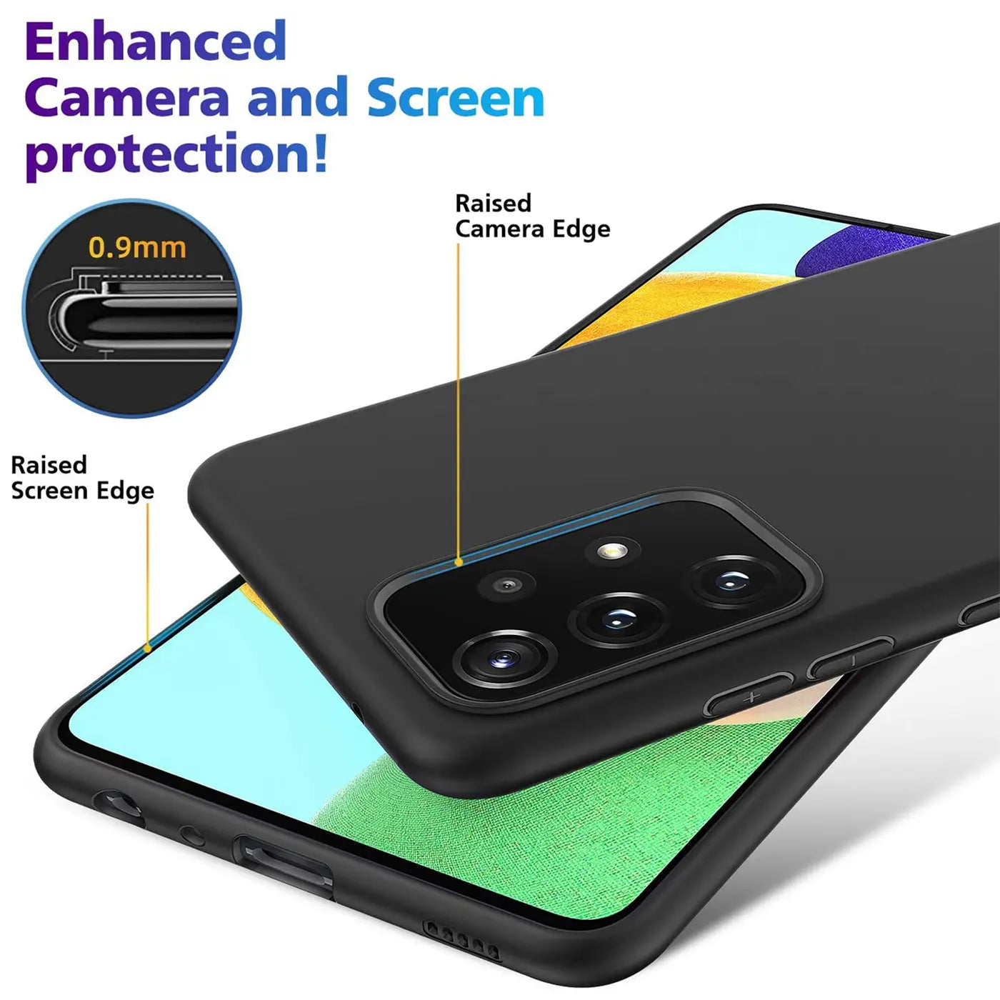 Schwarze matte Silikonhülle auf Samsung Galaxy A52. Nahaufnahme von hinten.