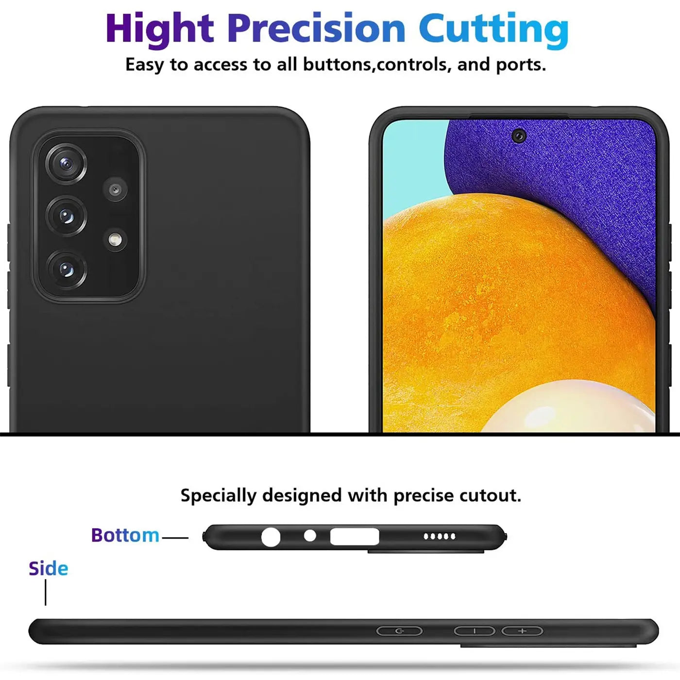 Schwarze Silikonhülle, Rückseite und Vorderseite eines Samsung Galaxy A52, Seitenansicht.