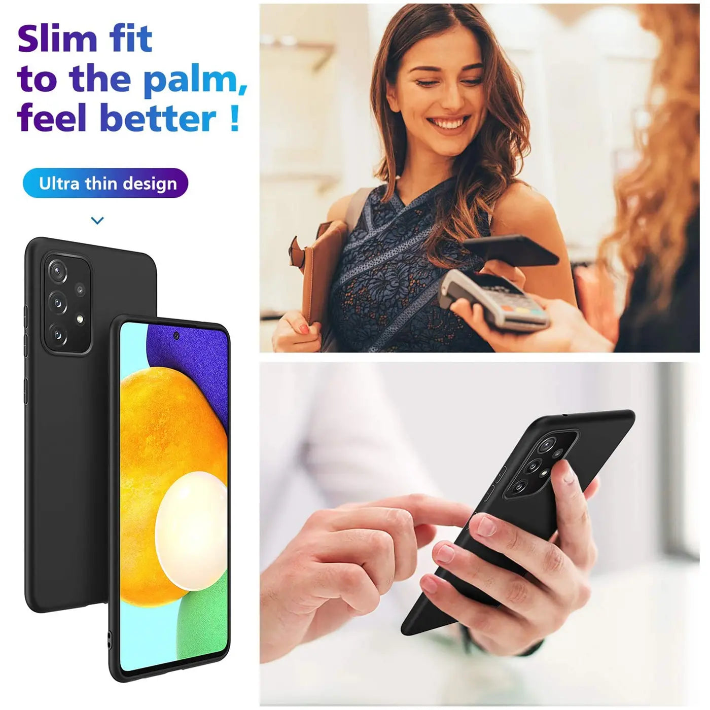 Schwarze Silikonhülle für Samsung Galaxy A52/A52s 5G, von vorne und hinten gezeigt.