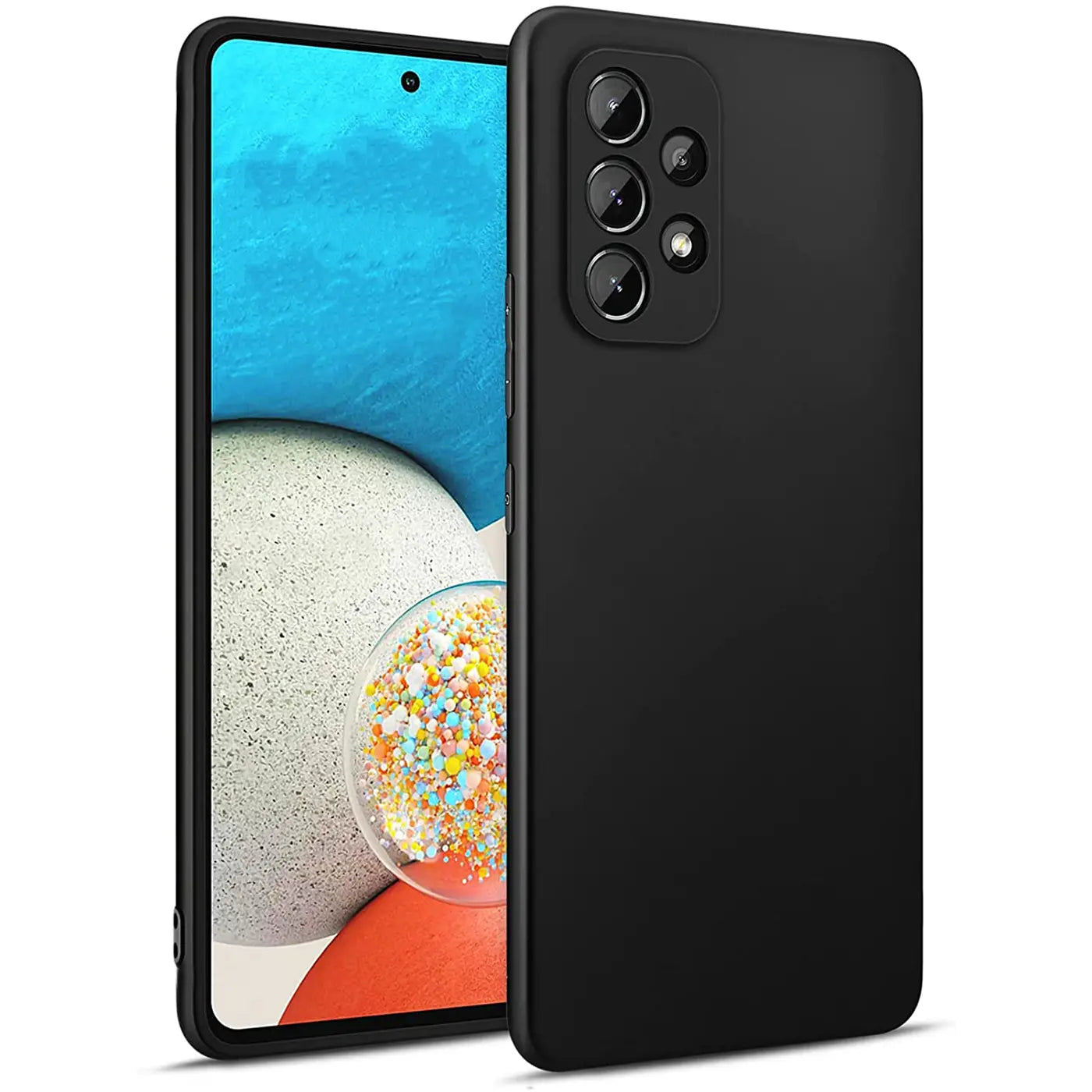 Schwarze matte Silikonhülle für Samsung Galaxy A53 5G, von vorne links, mit Kamera-Aussparung.