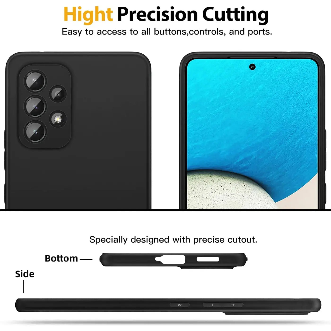 Schwarze Silikonhülle, Rückansicht und Vorderansicht eines Samsung Galaxy A53 5G.