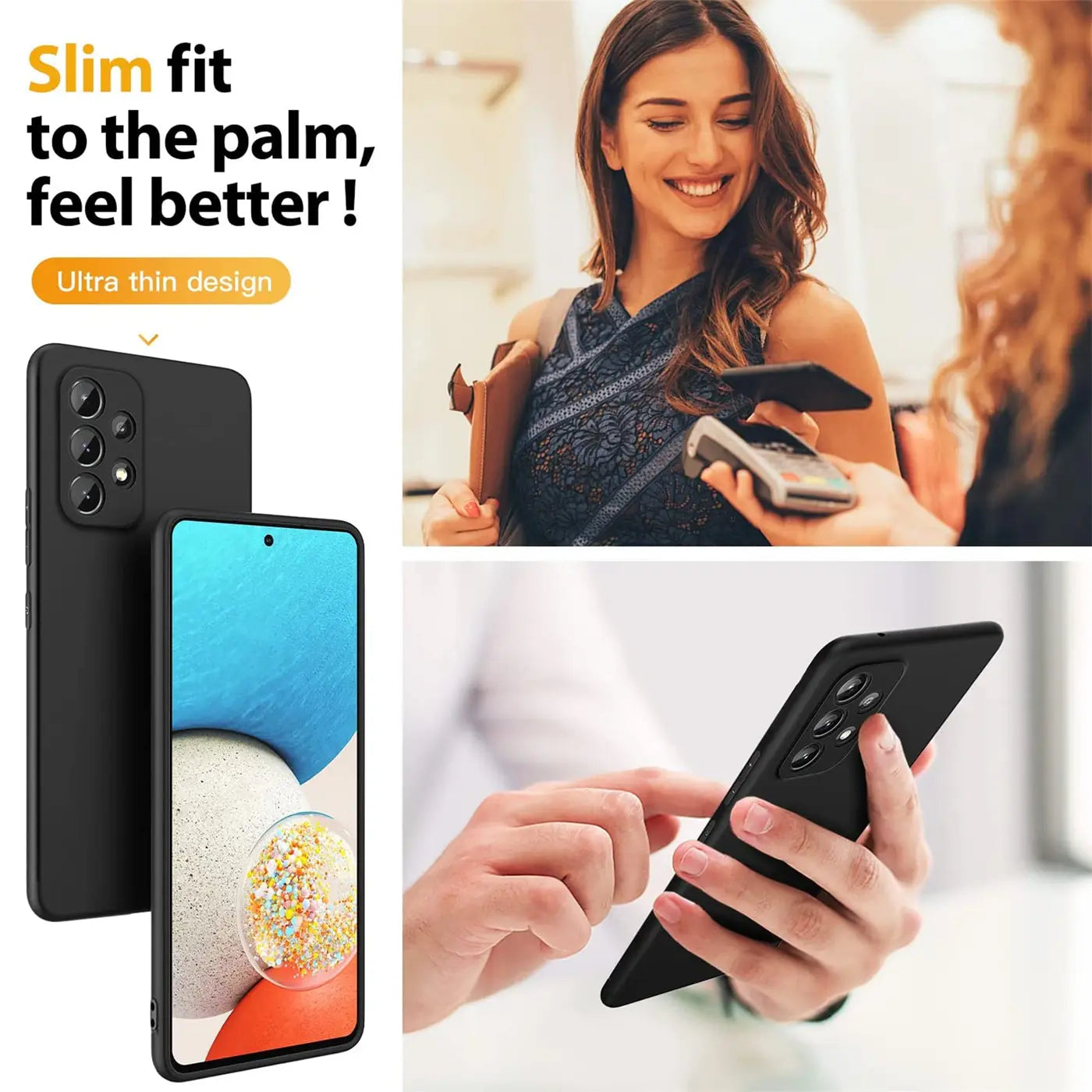 Schwarze Silikonhülle für Samsung Galaxy A53 5G, matt, von vorne und von hinten gezeigt.