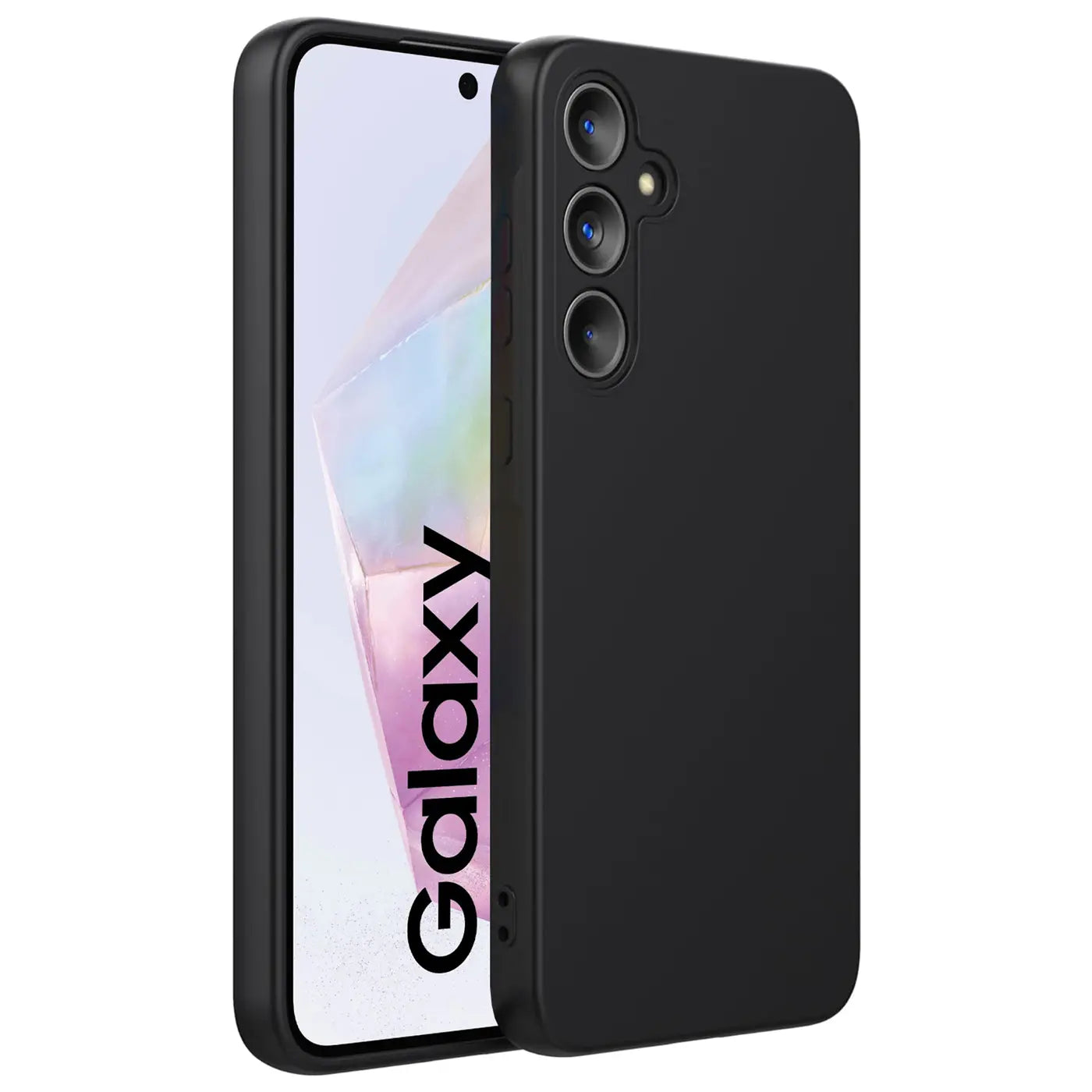 Schwarze Silikonhülle auf Samsung Galaxy A55 5G, von schräg vorne.
