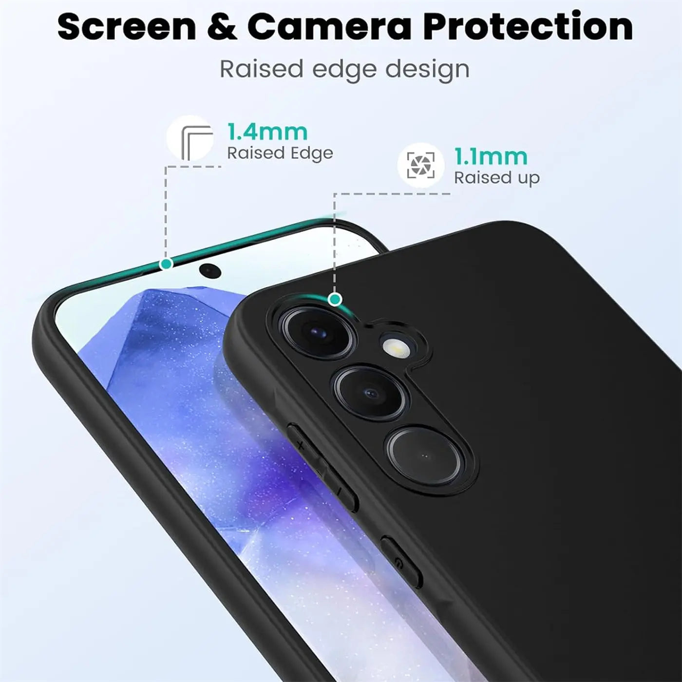 Schwarze Silikonhülle zeigt erhöhte Kanten um Kamera und Display eines Samsung Galaxy A55 5G.