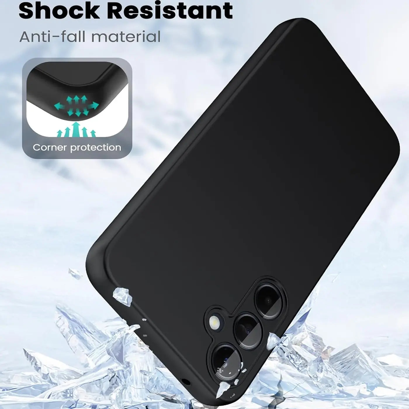 Schwarze, matte Silikonhülle für Samsung Galaxy A56 5G, von schräg oben, mit Kameraausschnitt.
