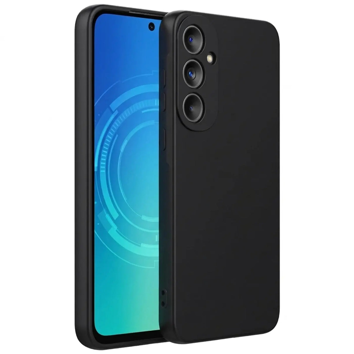 Schwarze, matte Silikonhülle für Samsung Galaxy A57 5G, von vorne links gezeigt.