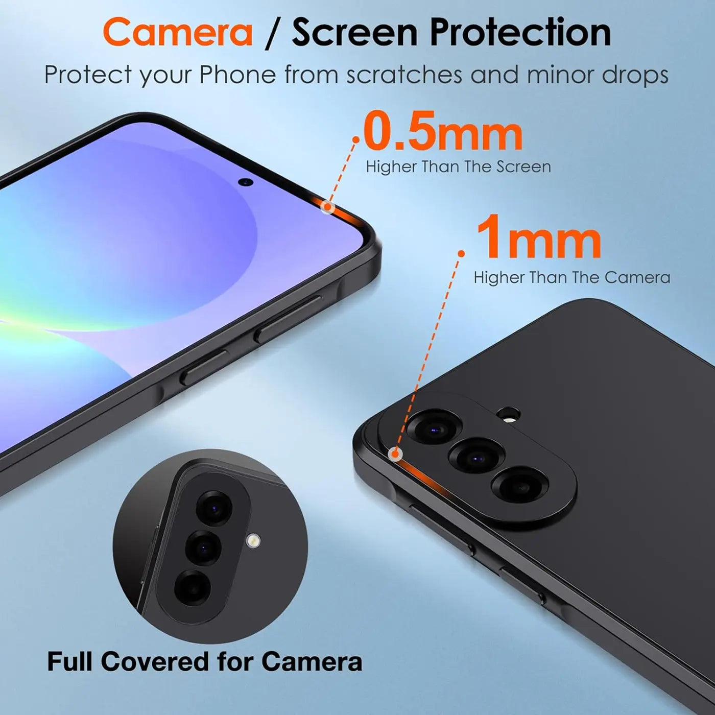 Schwarze Silikonhülle für Samsung Galaxy A57 5G, von oben und hinten gezeigt.