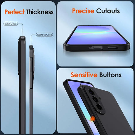 Schwarze Silikonhülle für Samsung Galaxy A57 5G, Seitenansicht, Nahaufnahme, Rückseite.
