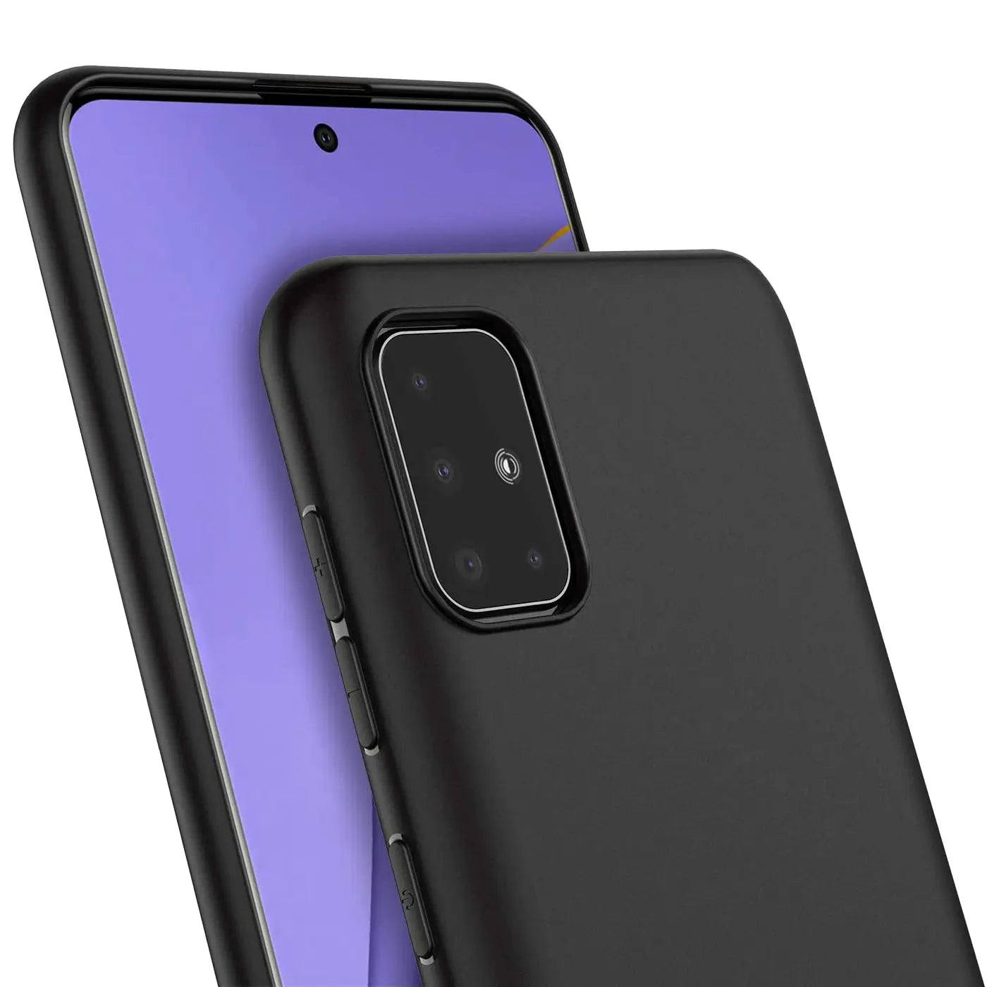 Schwarze, matte Silikonhülle auf einem Samsung Galaxy A71, von hinten und schräg gesehen.