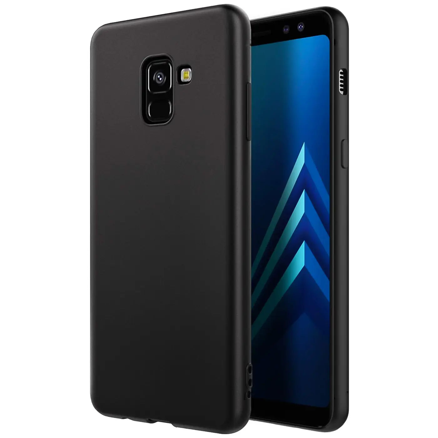 Schwarze Silikonhülle matt, von hinten und leicht schräg, auf einem Samsung Galaxy A8 Plus 2018.