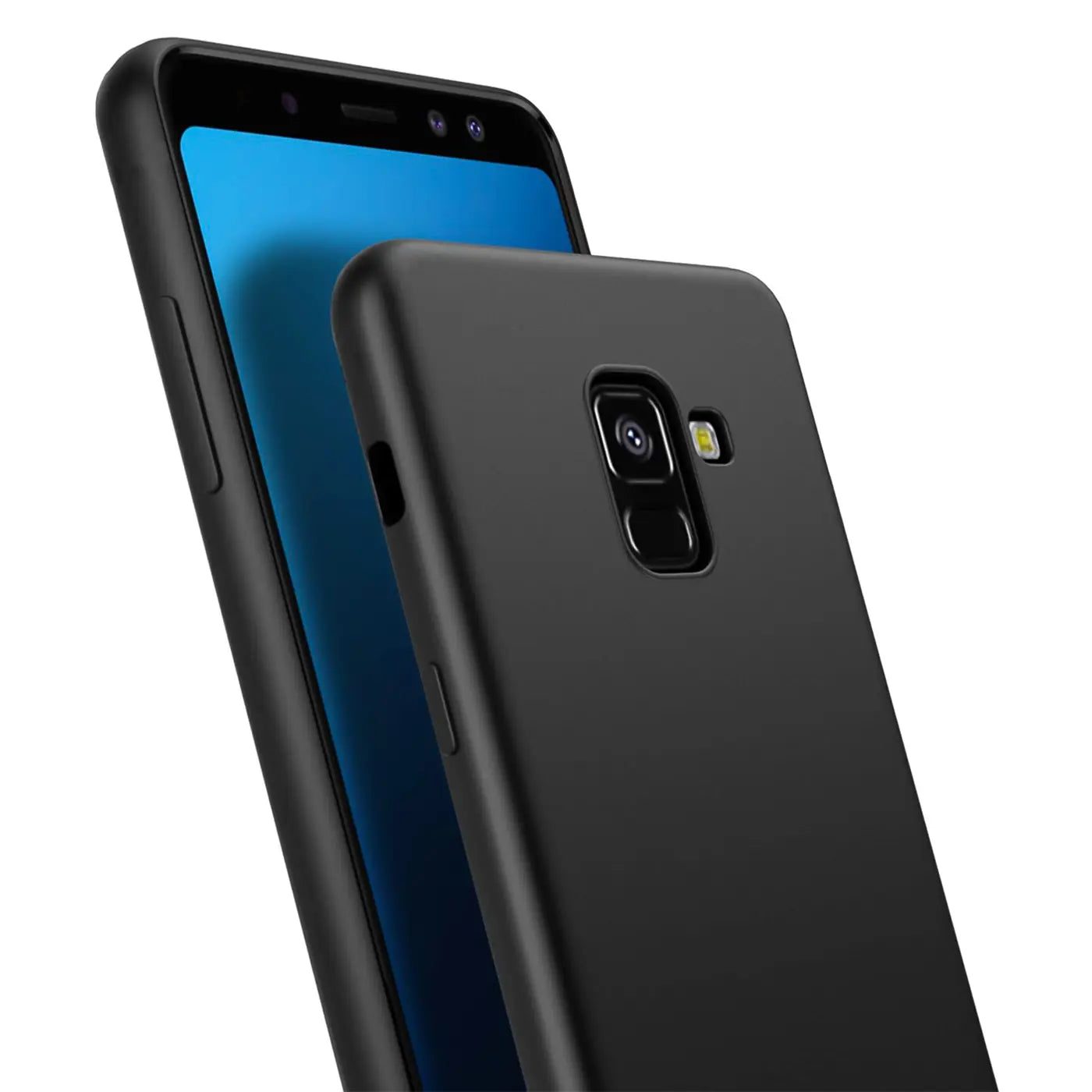 Schwarze Silikonhülle matt, Rückansicht, Samsung Galaxy A8 Plus 2018.