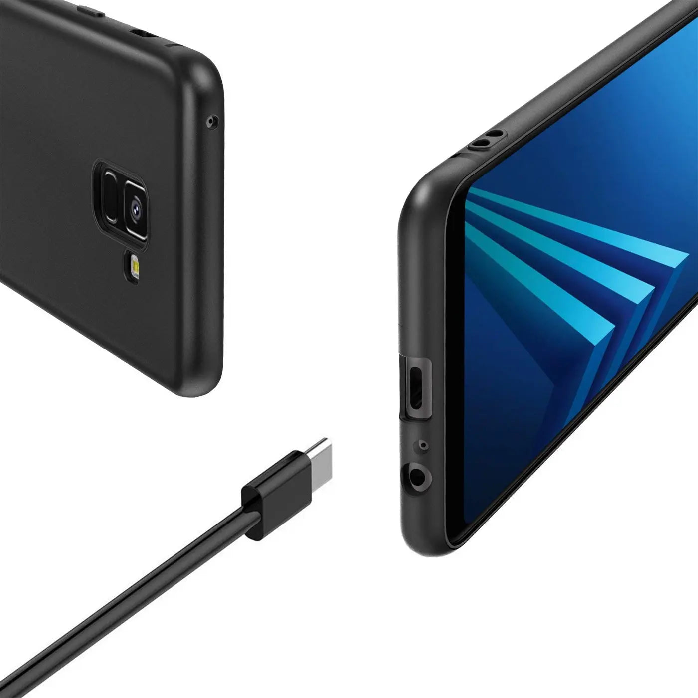 Schwarze Silikonhülle, Rückseite und Seite eines Samsung Galaxy A8 Plus 2018, USB-C-Kabel