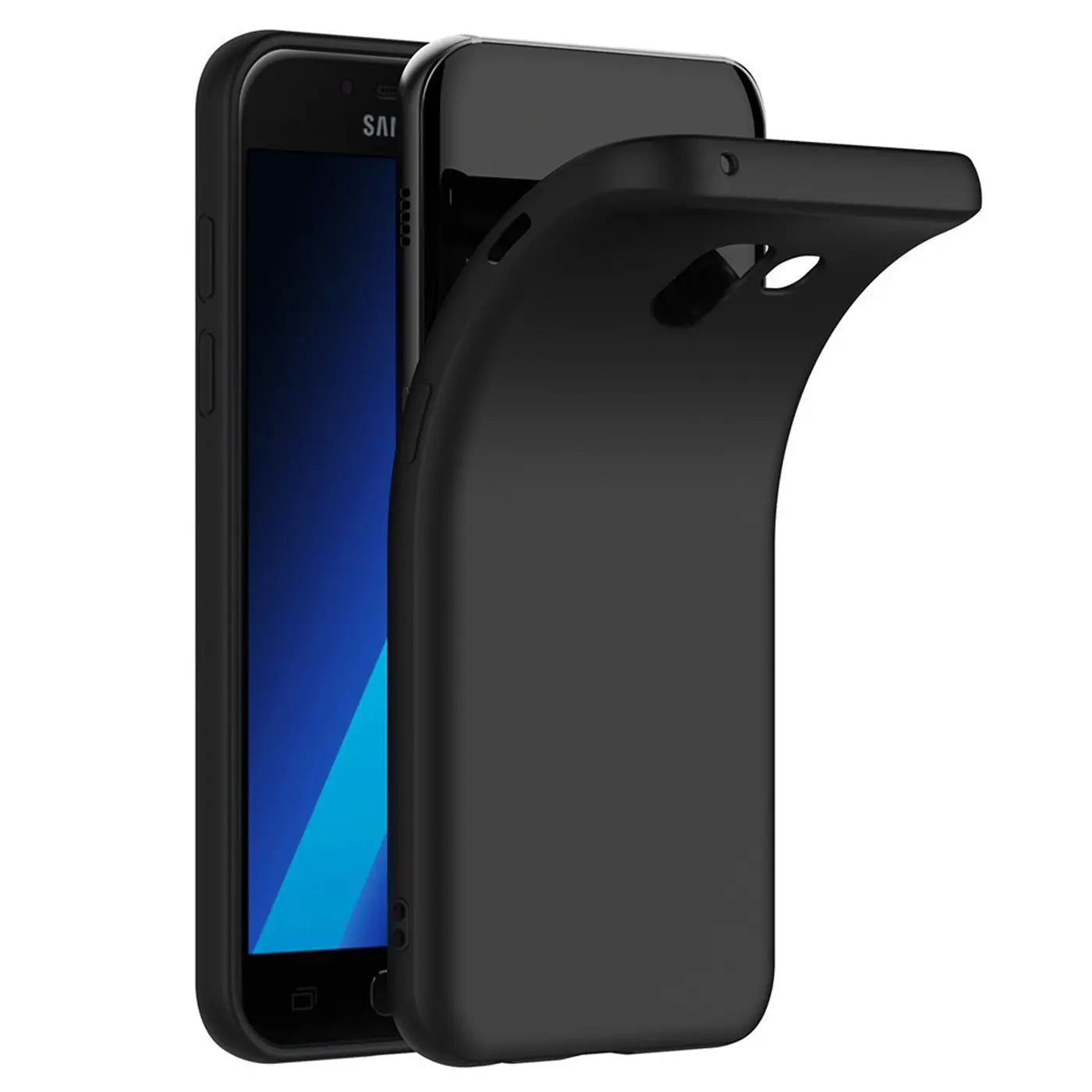 Schwarze, matte Silikonhülle für Samsung Galaxy A8 Plus 2018, von vorne links gezeigt.