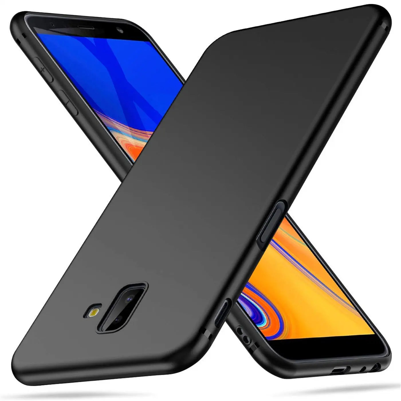 Schwarze Silikonhülle auf Samsung Galaxy J6 Plus, von schräg oben, matt.