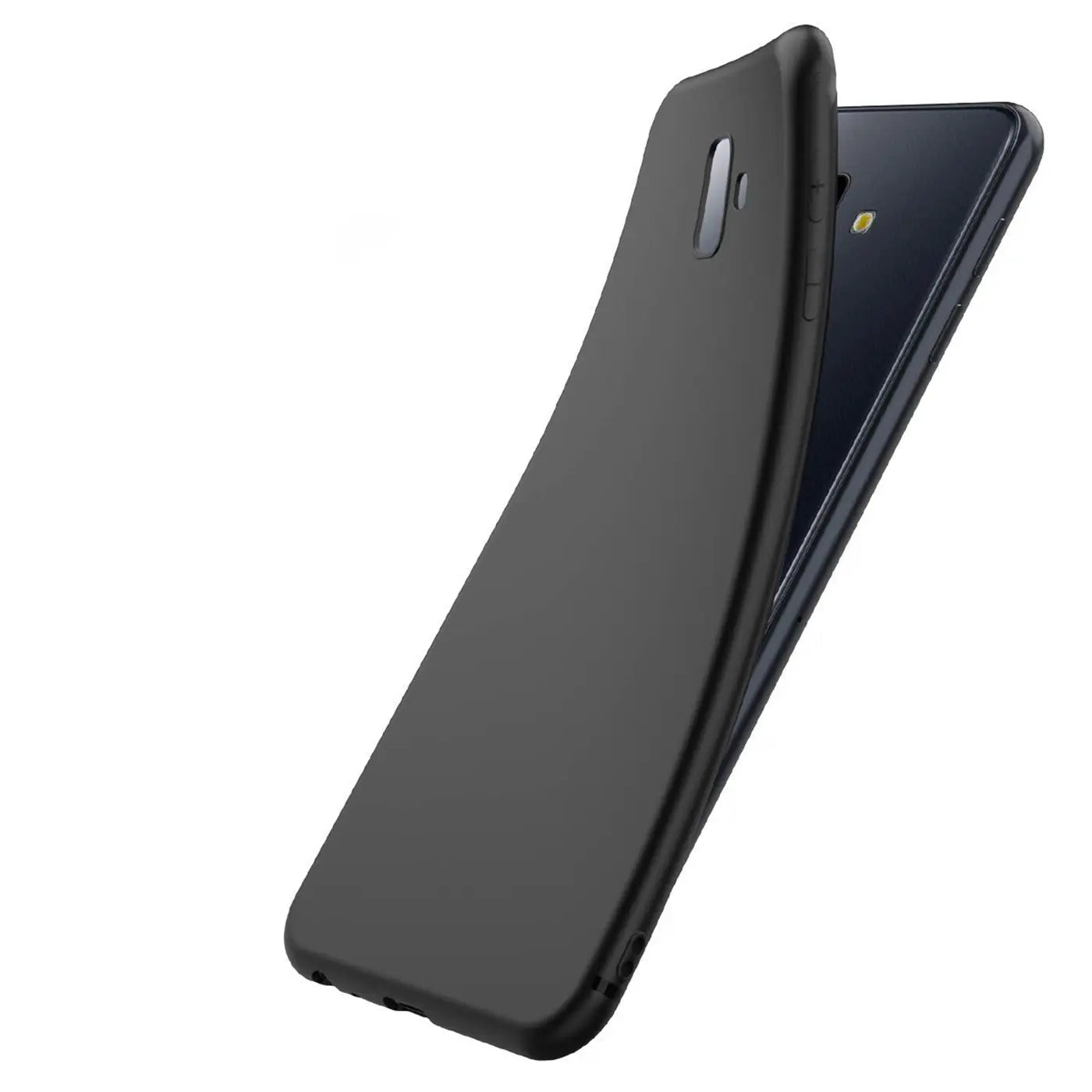 Schwarze, matte Silikonhülle für Samsung Galaxy J6 Plus, von schräg oben fotografiert.