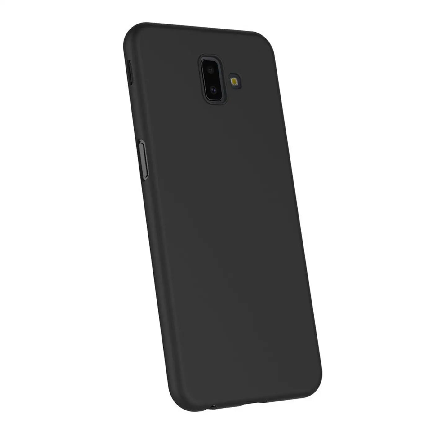 Schwarze, matte Silikonhülle für Samsung Galaxy J6 Plus, von schräg oben fotografiert.