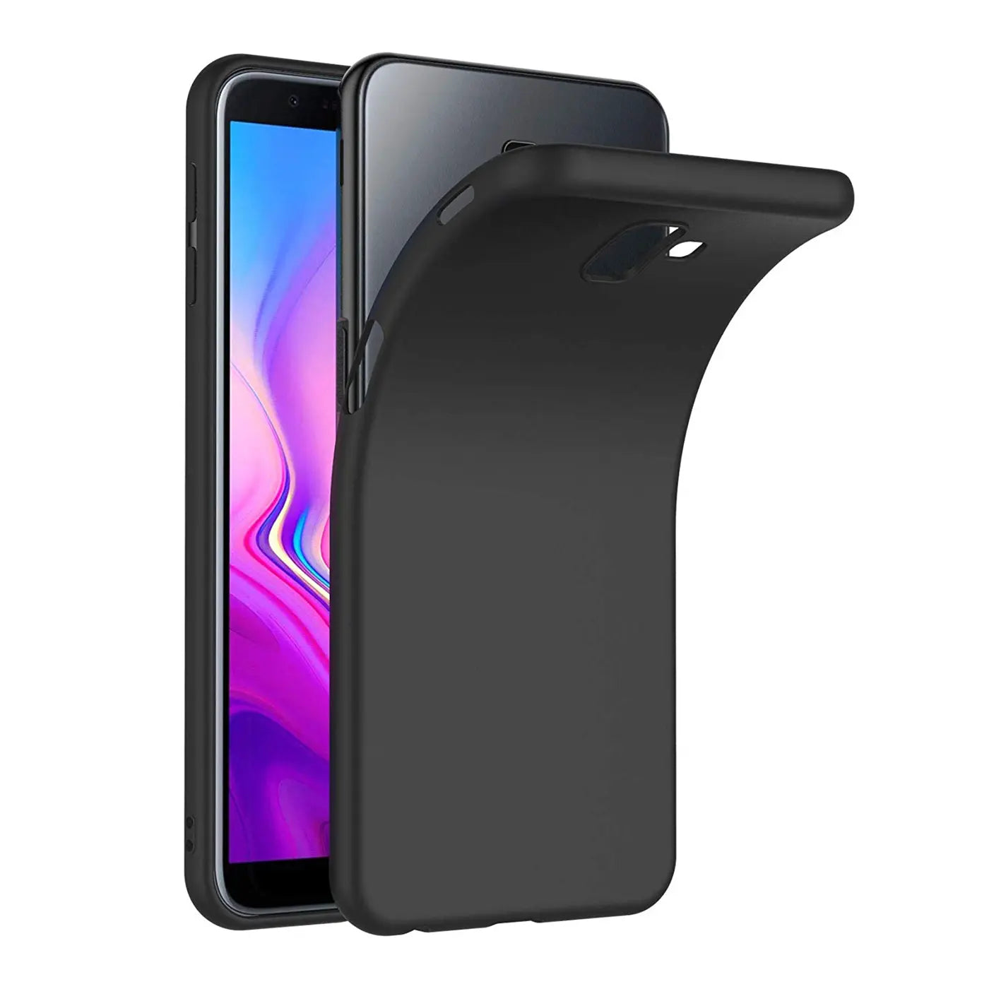 Schwarze, matte Silikonhülle für Samsung Galaxy J6 Plus, von schräg vorne