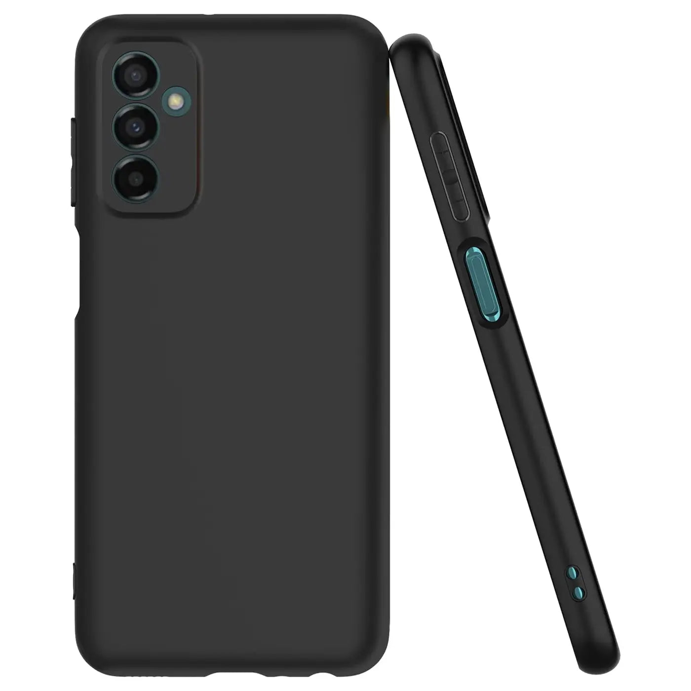 Schwarze, matte Silikonhülle für Samsung Galaxy M23 5G / M13, Rückseite und Seitenansicht