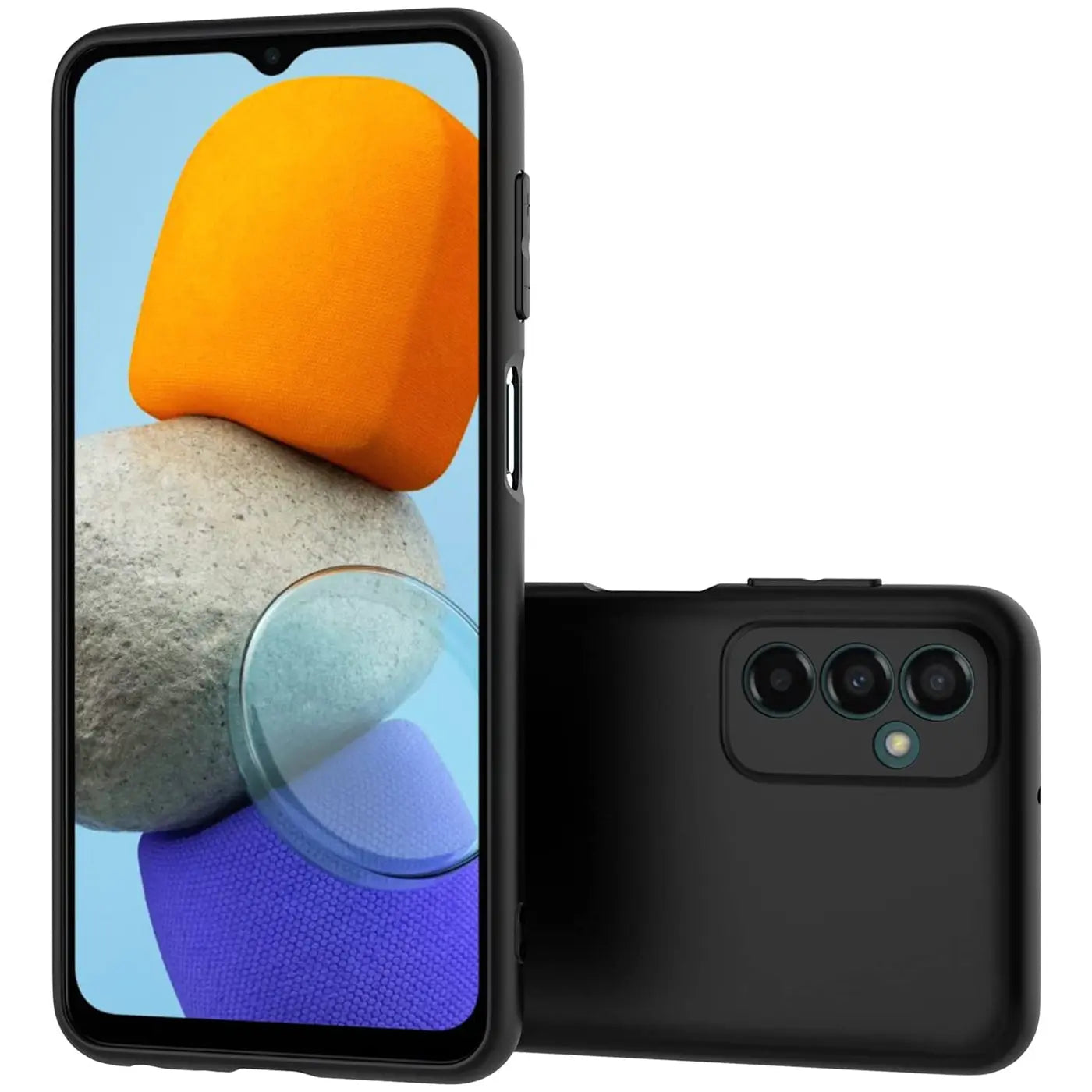 Schwarze matte Silikonhülle für Samsung Galaxy M23 5G / M13, Vorder- und Rückansicht.
